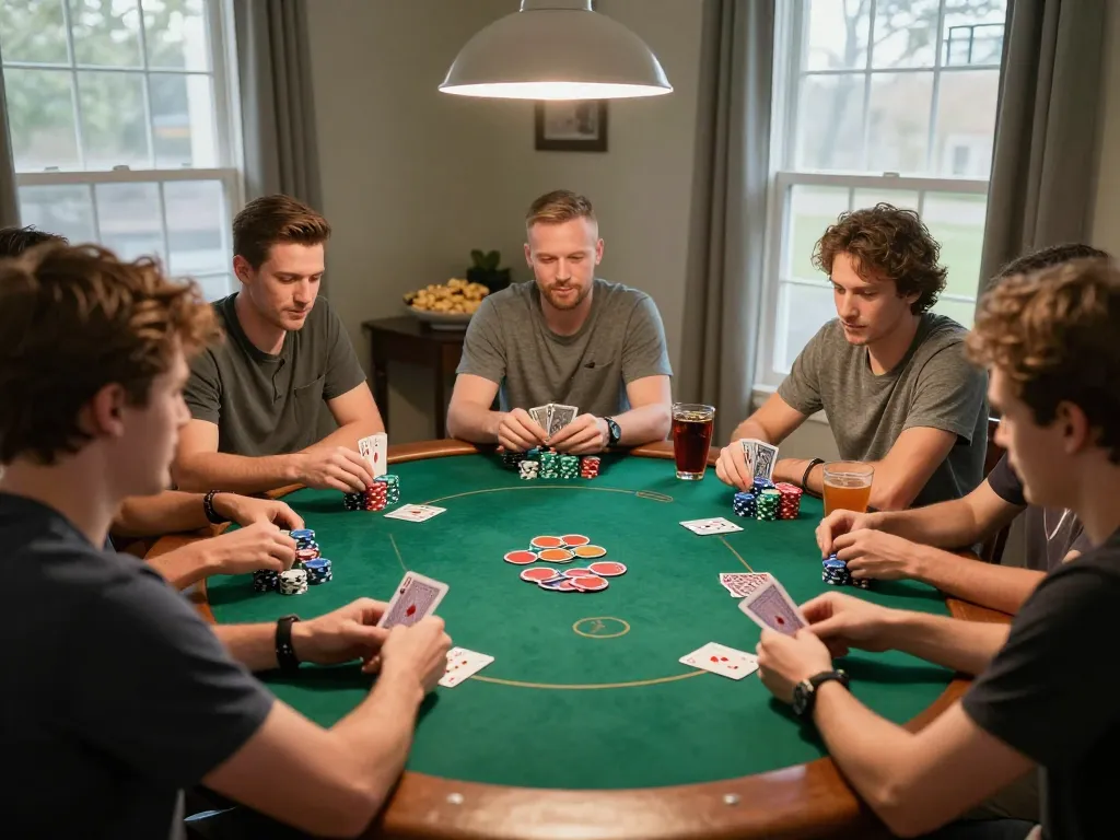 Friends playing an intense game of poker at home, showcasing sc88's engaging gameplay and social atmosphere.