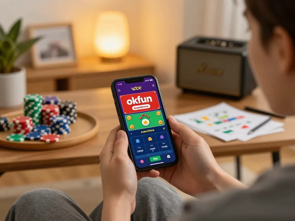 Engaging gameplay on okfun casino app, showcasing modern mobile gaming experience in a cozy home setting.