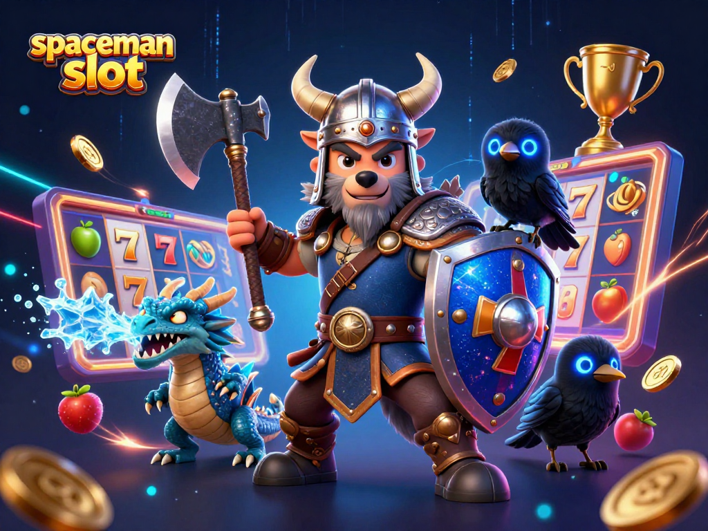 Experience thrilling gameplay with spaceman slot featuring a Viking warrior, dragon, and vibrant casino elements.