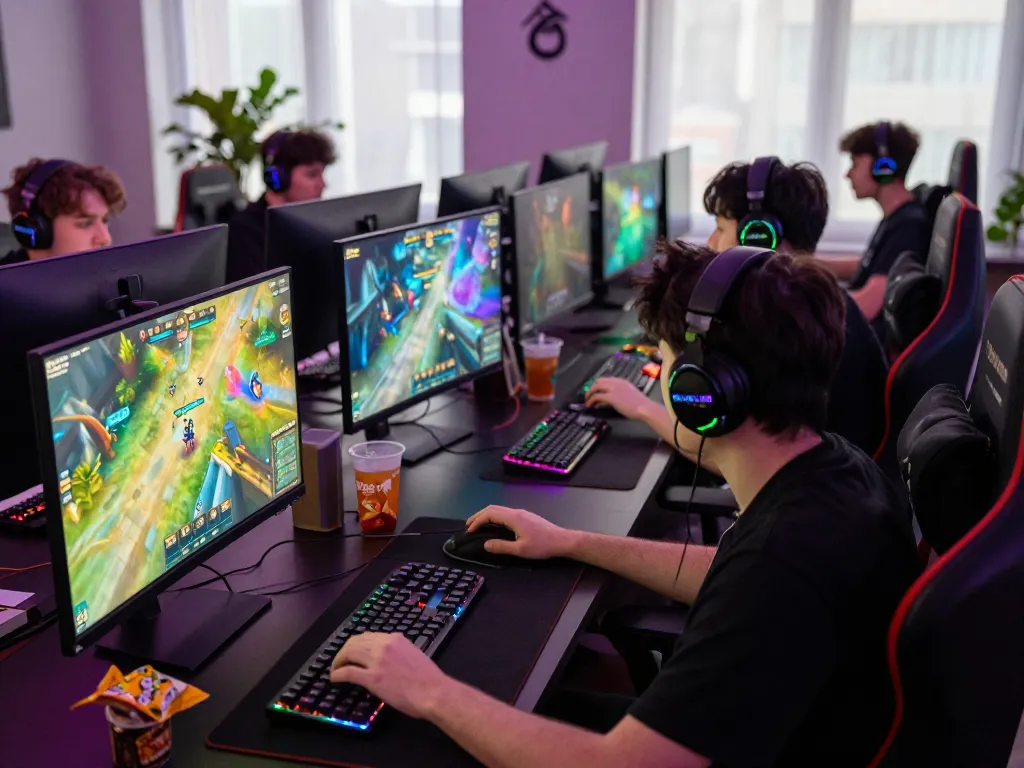 Excited gamers engaging in multiplayer online gaming with DEWI123, showcasing vibrant setups and accessories.