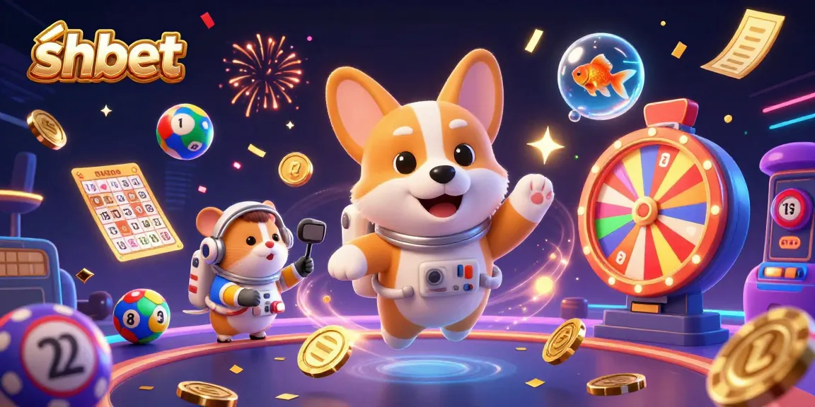 Engage with the vibrant shbet casino world featuring a playful astronaut corgi among floating poker chips and colorful lottery balls.