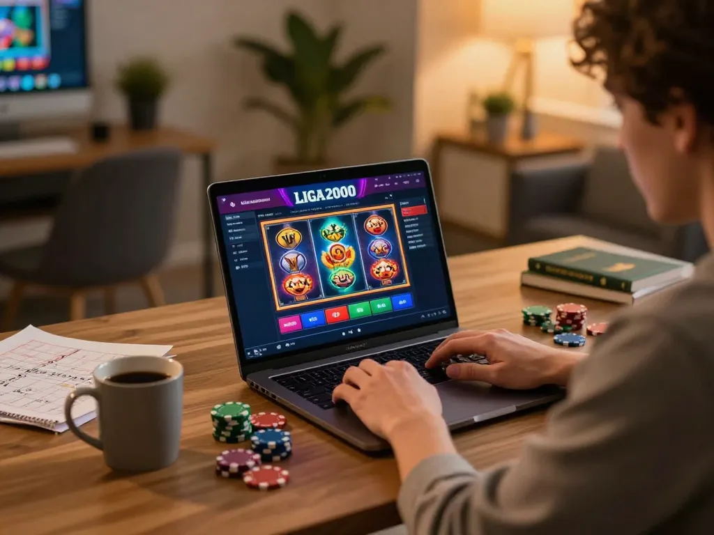 LIGA2000 online casino gaming setup featuring a player engaged with vibrant slots.