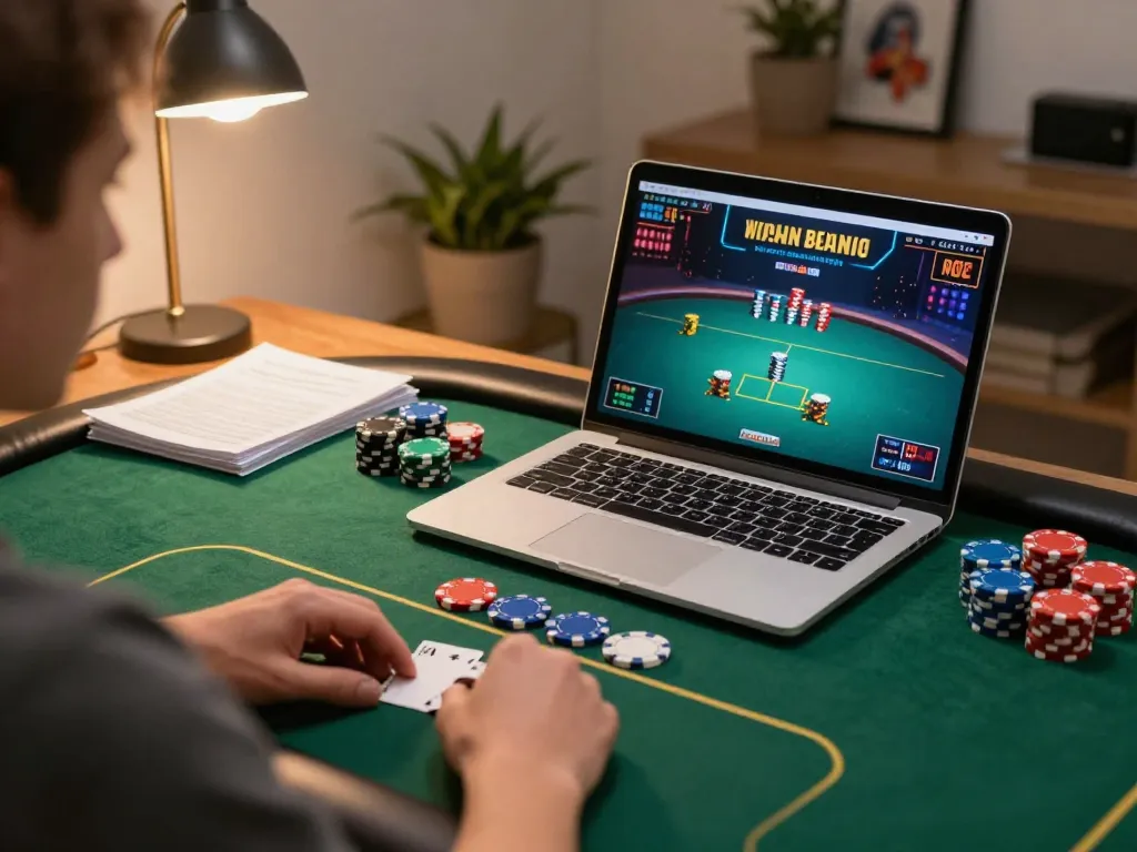 megaplus88 player analyzing poker strategy on laptop in cozy home setting