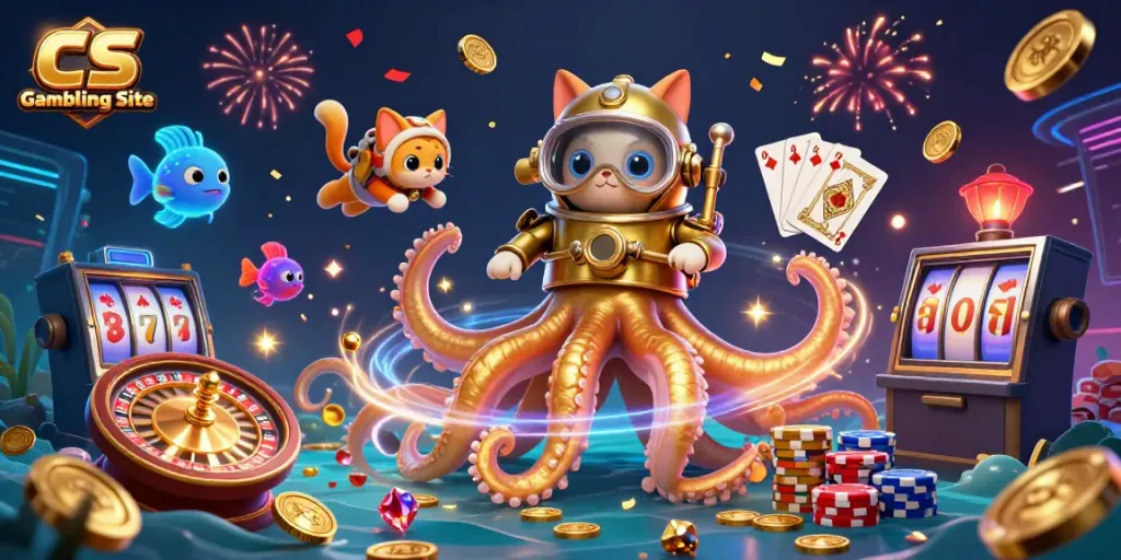 Experience thrilling wins with CS Gambling Site, featuring a kraken and golden treasures in a vibrant scene.