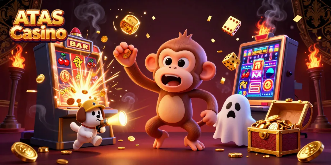 Engage in exciting gameplay at ATAS Casino, featuring colorful slot machines and animated casino characters.