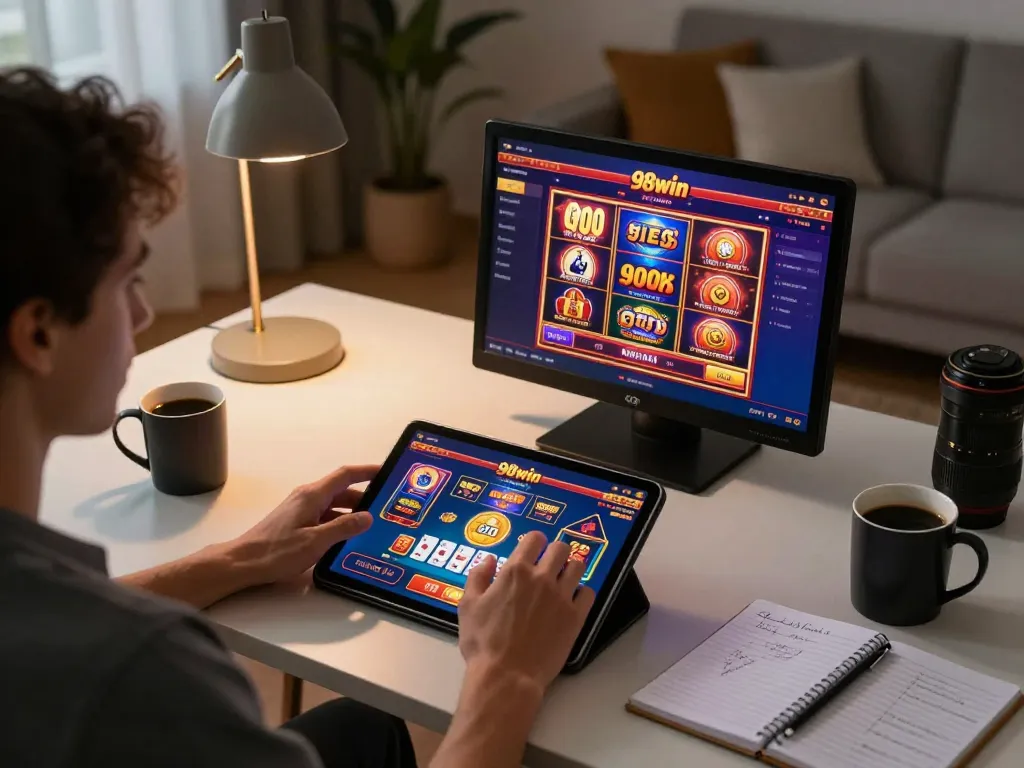 Person enjoying a bright 98win gaming experience on a tablet at home, highlighting leisure gambling.