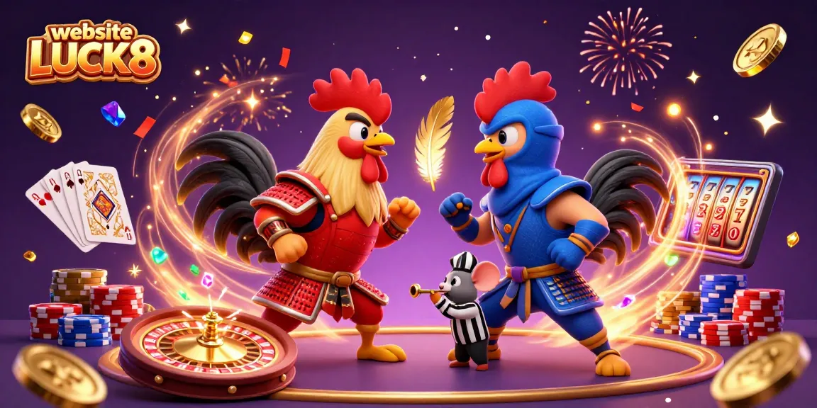 Experience excitement with dynamic casino-themed illustration featuring website LUCK8 roosters in combat.