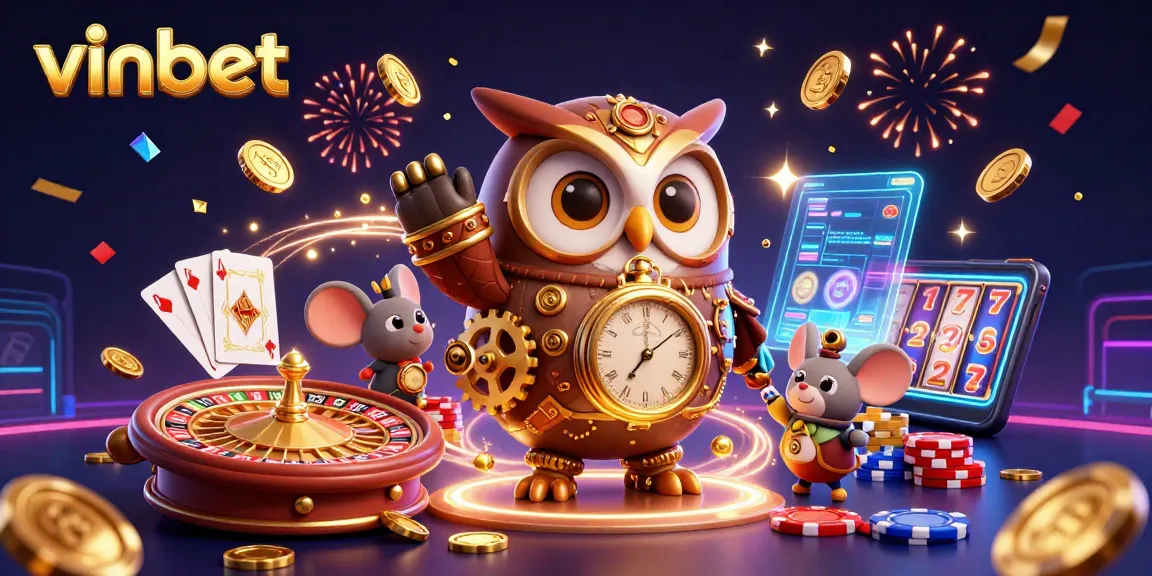 Experience thrilling gameplay at vinbet with a dynamic 3D casino illustration showcasing casino elements and steampunk features.