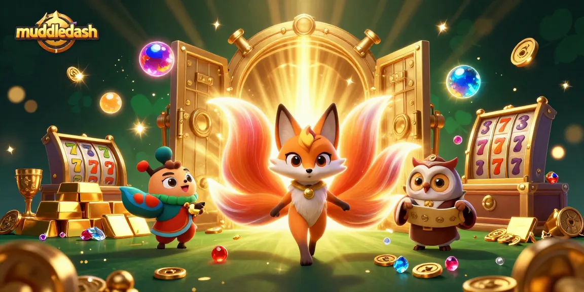 Muddledash gaming scene featuring a vibrant nine-tailed fox, glowing elements, and dynamic slot game action.