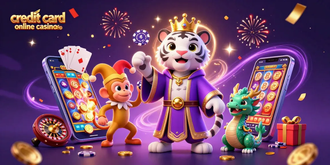 Engage with exciting credit card online casinos in a vibrant 3D casino art scene featuring a white tiger and monkey.