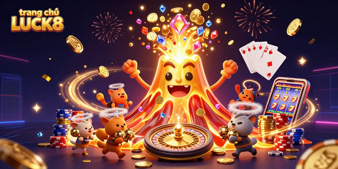 Win big at trang chủ LUCK8 with a vibrant 3D cartoon casino scene filled with treasures.
