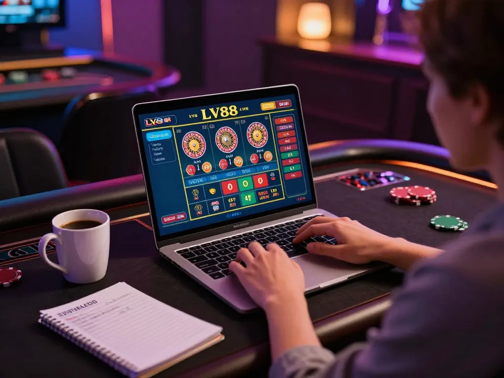 Player engaging in online LV88 casino games with a laptop, showcasing a cozy gaming setup.