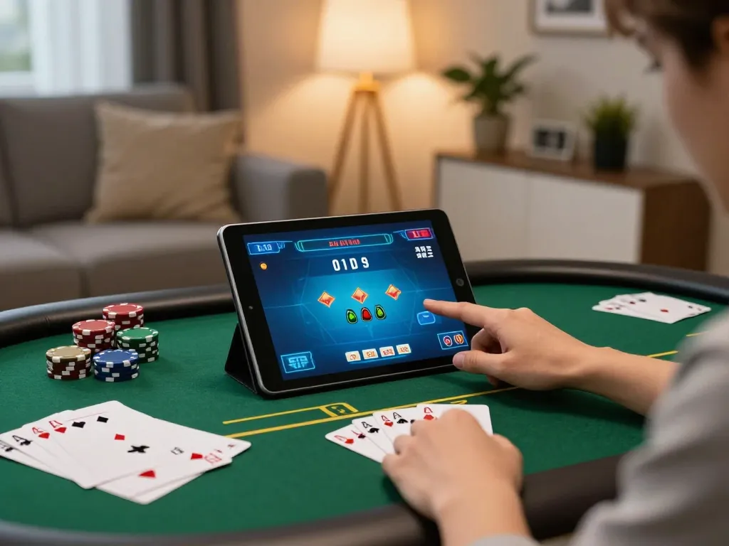 Engaging in a credit card casino poker game on a tablet in a cozy living room.