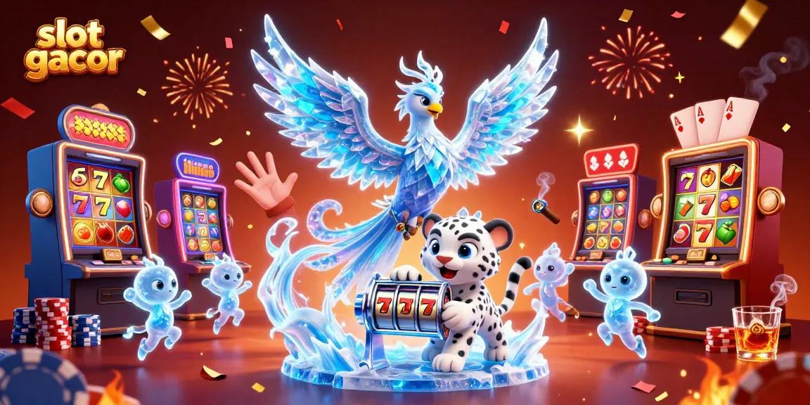 Engage in slot gacor excitement with a colorful scene featuring an ice phoenix, poker chips, and vibrant slot machines.