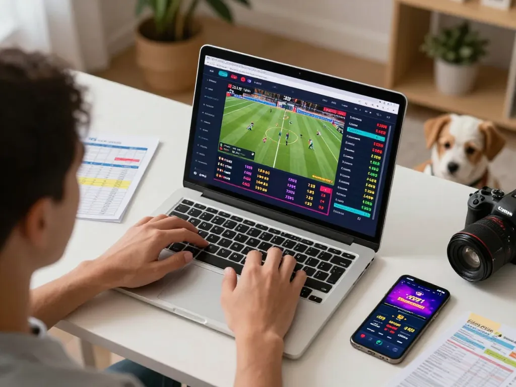 LC88 user analyzing sports odds and game stats on a laptop in a cozy online gaming setup.