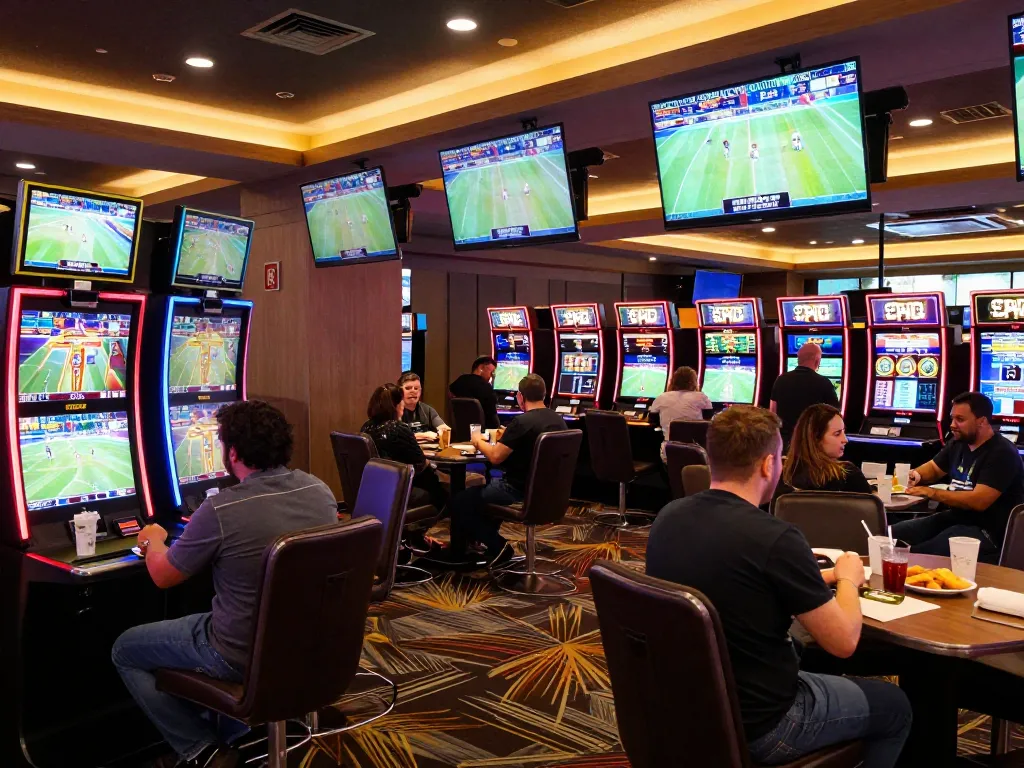 Socolive users enjoying live sports betting experience with vibrant screens and interactive kiosks