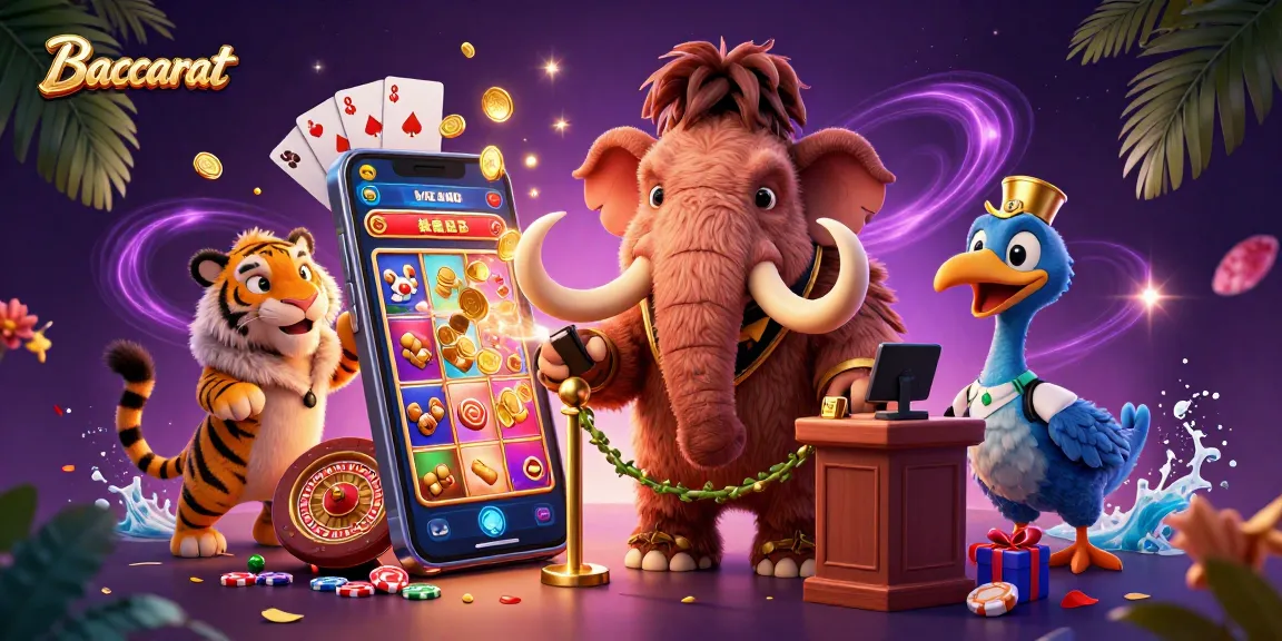 Baccarat game's vibrant scene featuring a woolly mammoth bouncer and a saber-tooth tiger guest.