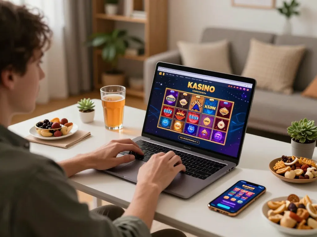 Engaging online Kasino gaming moment with vibrant screen display and cozy ambiance