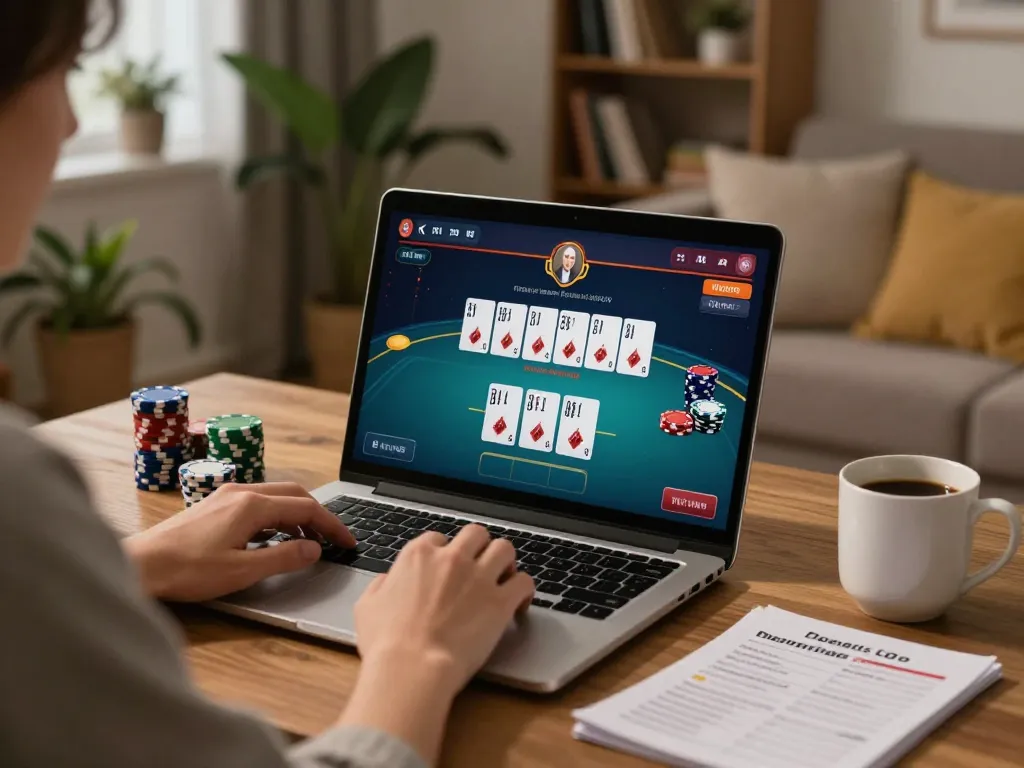 Engaging in online poker at https://ko6689.com/ with a cozy home environment, promoting responsible gambling.