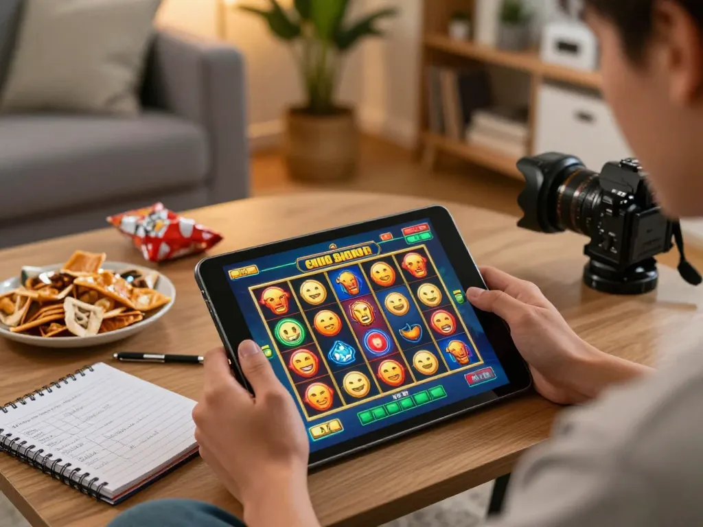 Player enjoying 68win slot game on a tablet, displaying vibrant graphics in a cozy living room.