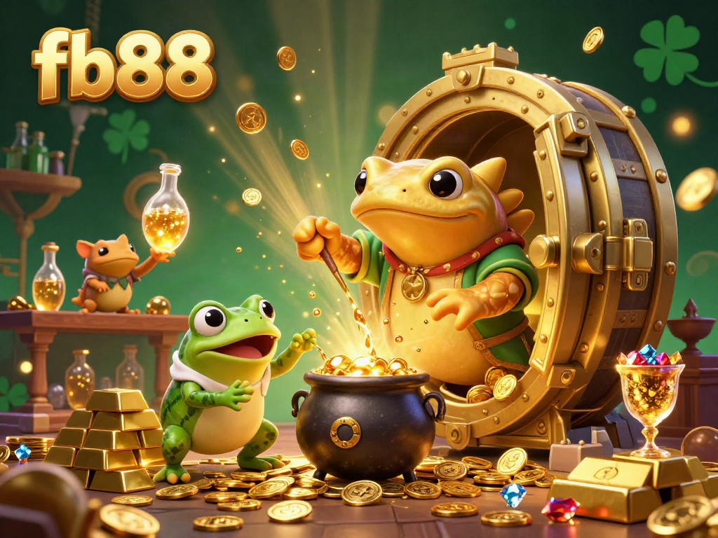 Experience exuberant gold transmutation in fb88's captivating casino world with a charming salamander and frog!