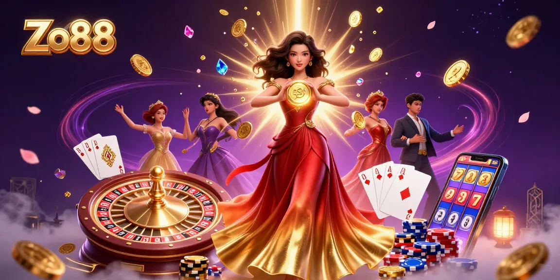 Experience winning at Zo88, with a dazzling Asian woman celebrating over cascading golden coins and casino elements.