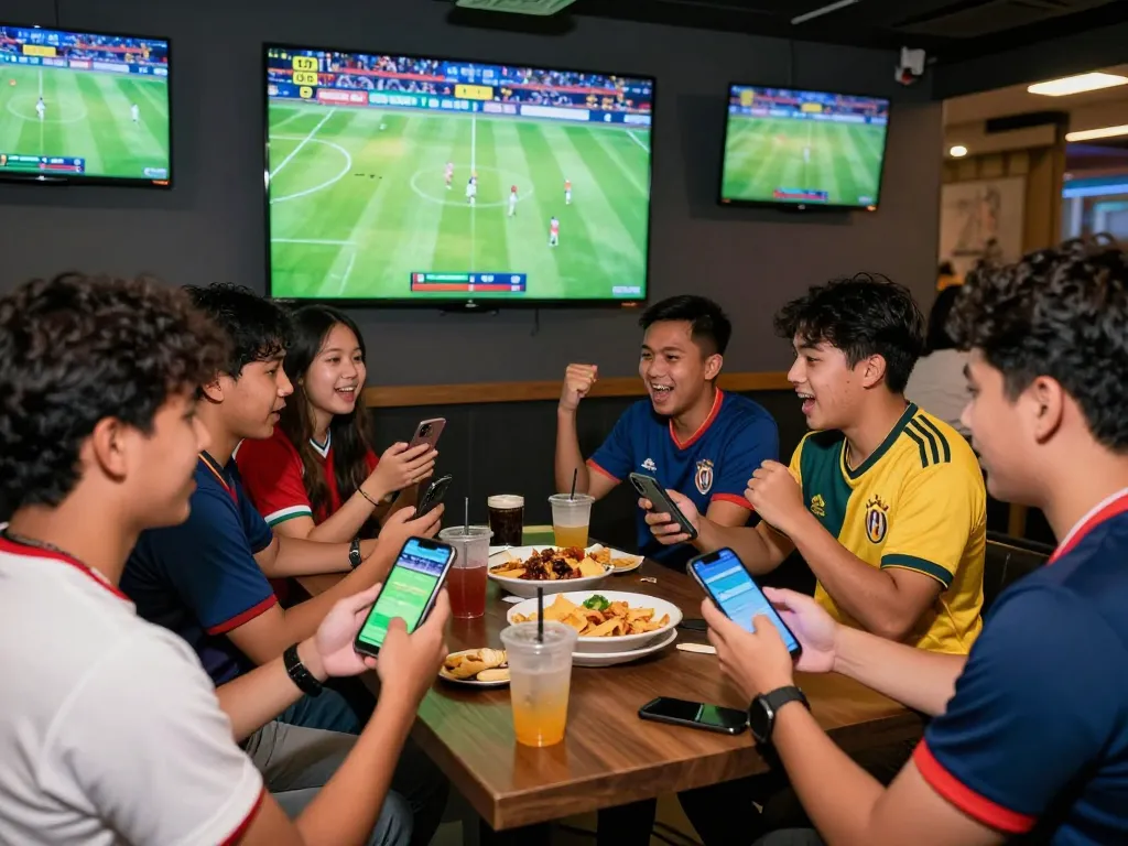 Exciting Judi Bola betting event scene with friends cheering in a sports lounge.
