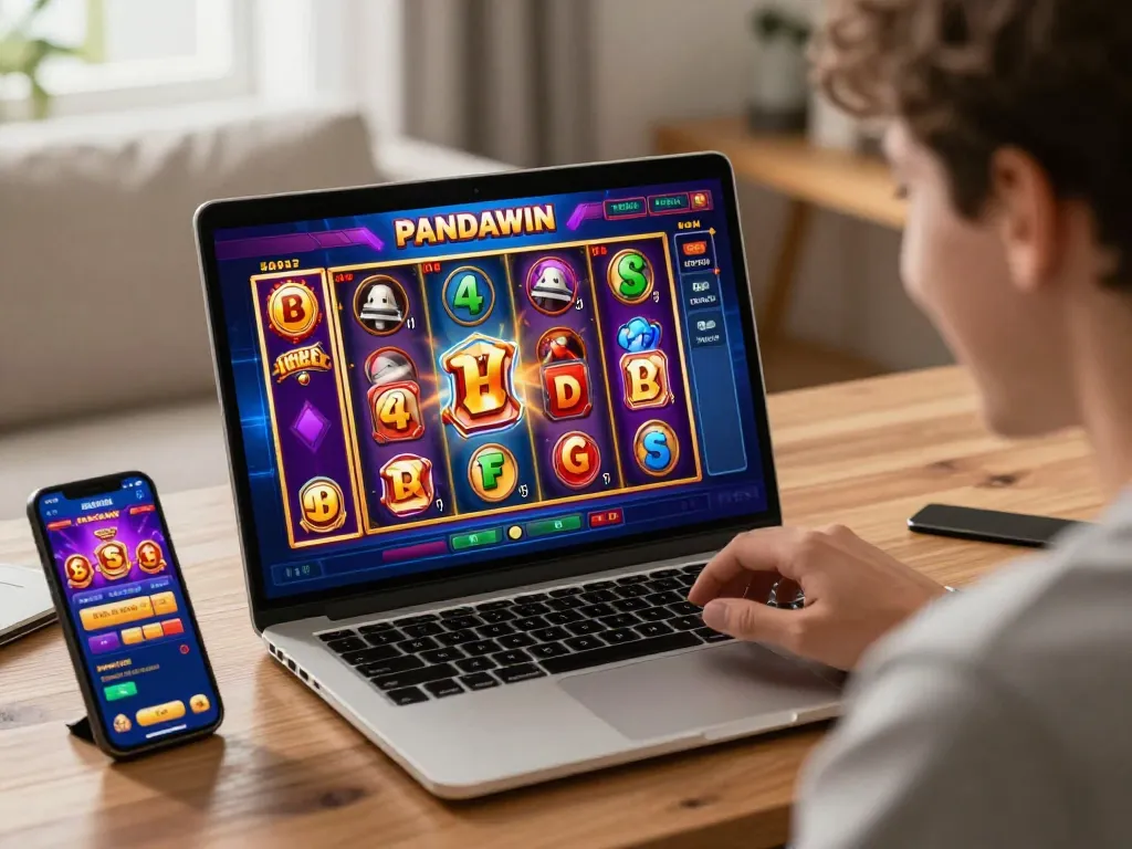 Pemain PANDAWIN menikmati pengalaman permainan slot 3D HD yang cerah secara online di rumah dengan gameplay yang imersif.