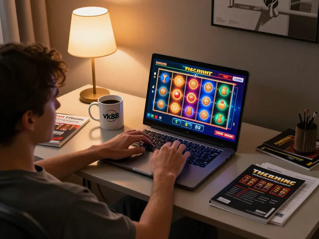 Engaging vk88 online gaming session with a player immersed at home using a laptop and game guides