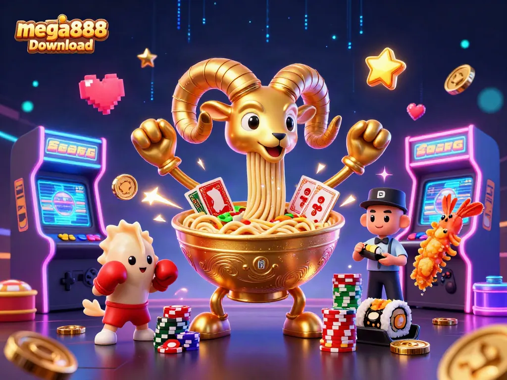 Kick off your mega888 download adventure with vibrant casino-themed 3D illustration packed with characters.