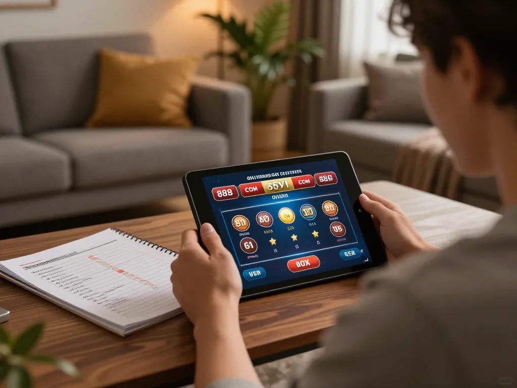 Engaged user strategizing online betting at 888VI COM with a tablet in a cozy home setting.