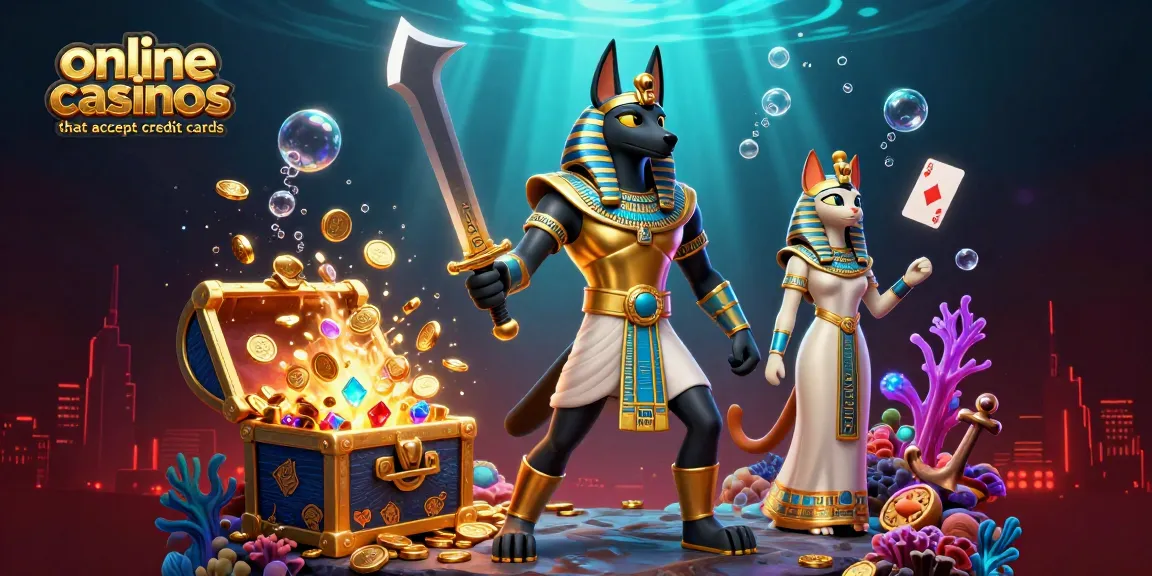 Discover exciting online casinos that accept credit cards, featuring Anubis and floating poker cards in a dynamic scene.