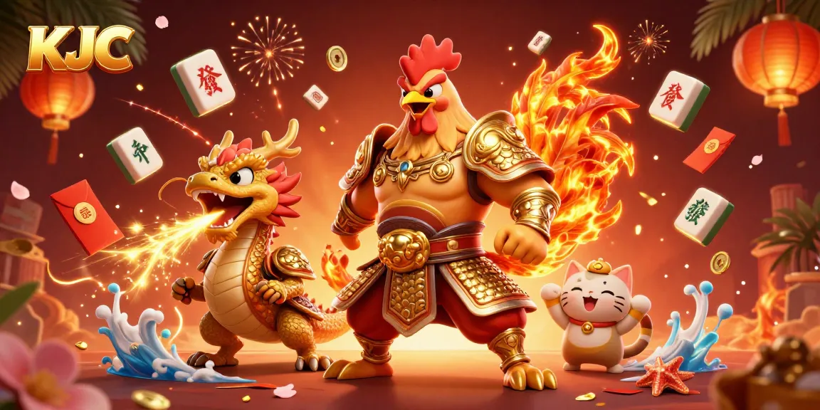 KJC casino scene with a golden rooster warrior, dragon, and fortune cat amidst vibrant festive elements.