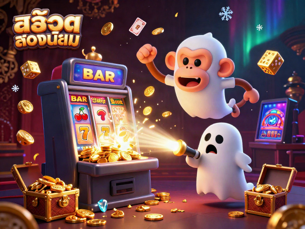 Experience the excitement of สล็อตยอดนิยม with a mischievous monkey and ghost-hunter puppy in a vibrant casino scene.