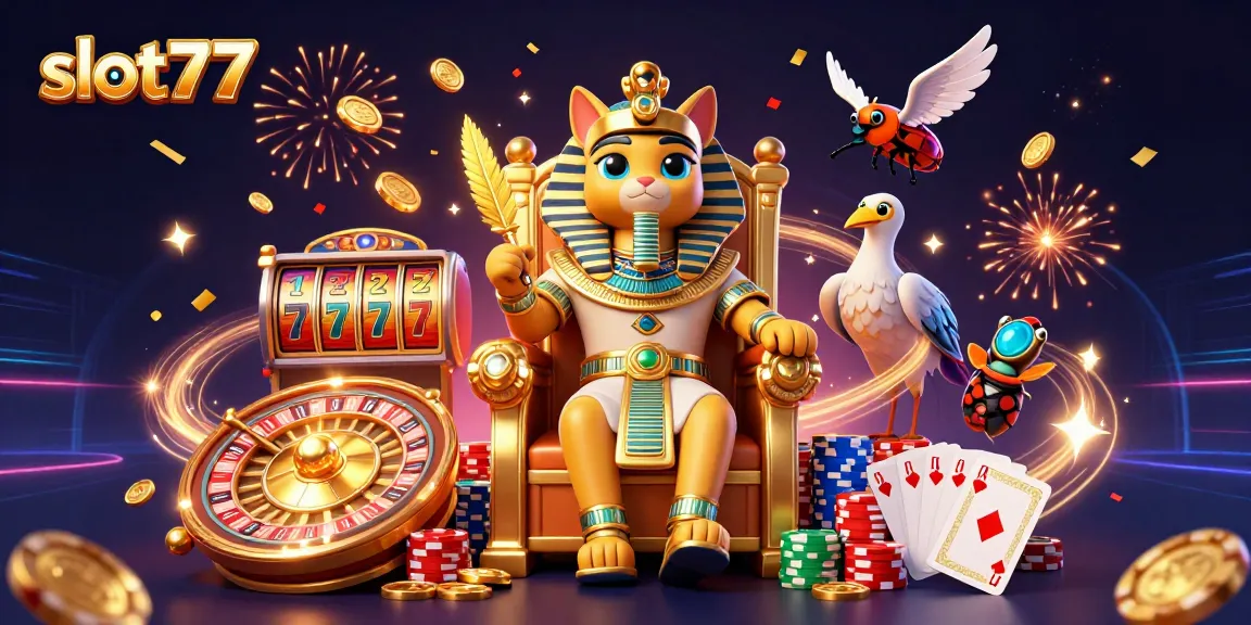 Spin to win with slot77 featuring a royal pharaoh cat and lavish casino elements.
