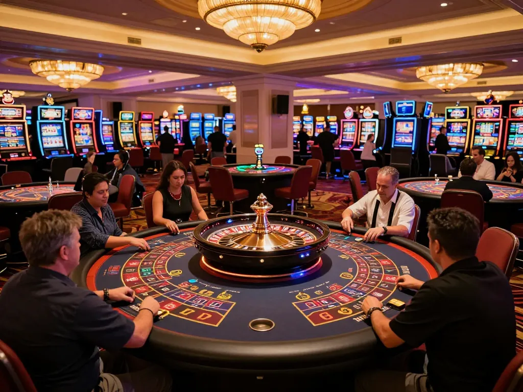 Players place bets at roulette tables in a vibrant casino scene, showcasing Da88 gaming excitement.