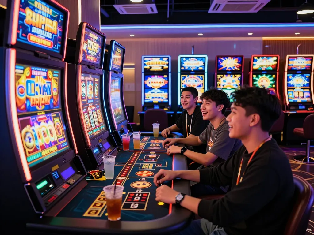scene permainan situs slot gacor dengan pemain terlibat di mesin slot kasino modern