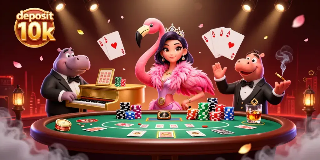 Menampilkan gambaran kasino dengan flamingo penyanyi dan hippo bassist, menyoroti potensi deposit 10k.