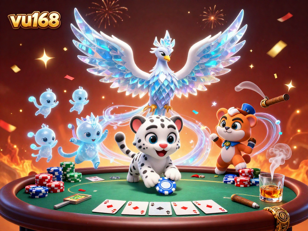 Experience thrilling gameplay at vu168 with a lively illustration showcasing poker excitement and vibrant characters.
