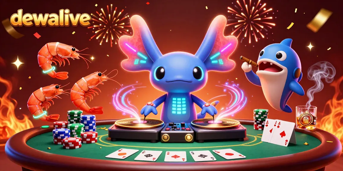 Dewalive menyajikan aksi permainan poker dengan DJ axolotl neon dan karakter unik lainnya di panggung bawah laut.