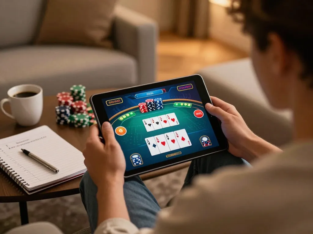 KONG88 player enjoying poker on tablet, showcasing chips and strategy notes in cozy setting.