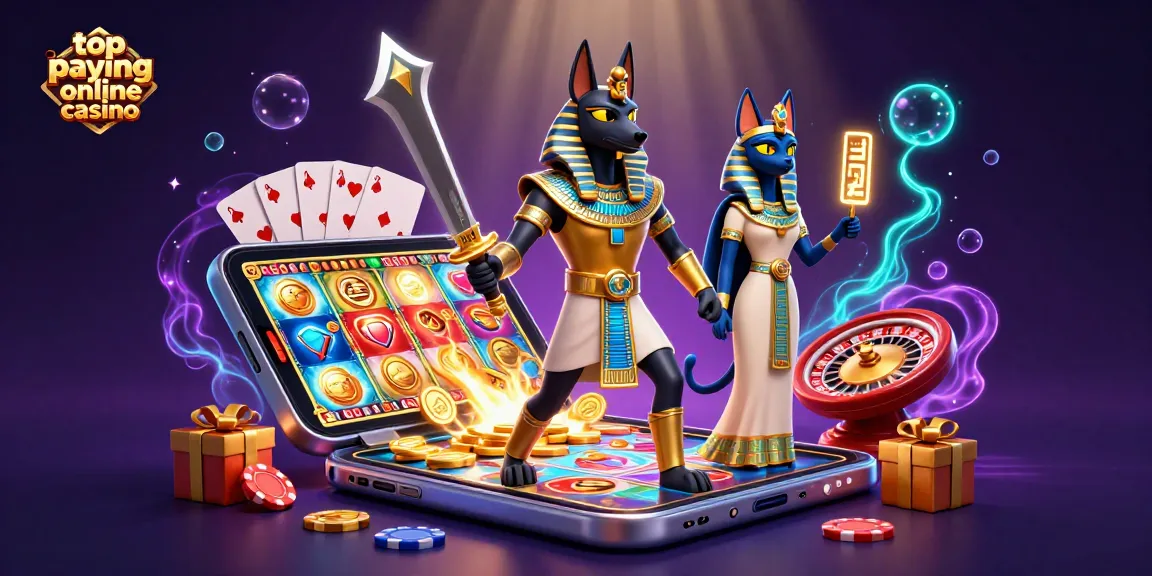 Experience the excitement of the top paying online casino with Anubis and Bastet amidst vibrant gaming elements.