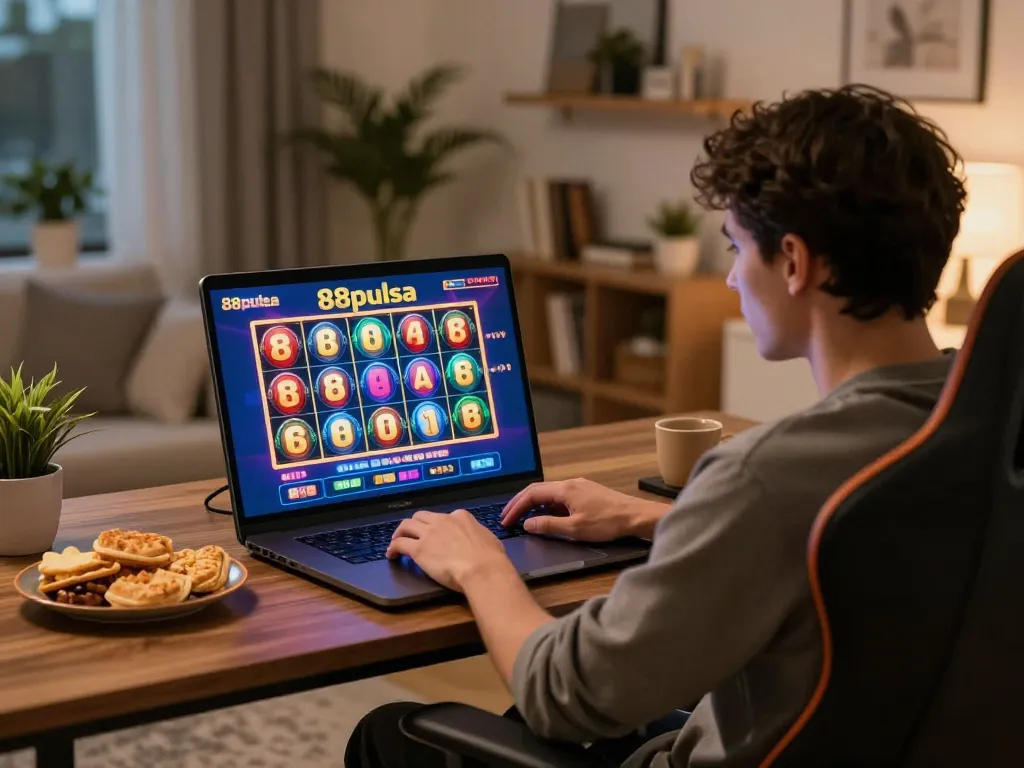 Engaged player enjoying 88pulsa slots on a laptop in a cozy home environment.