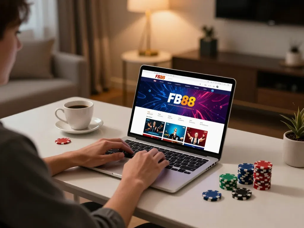 Player engaging with FB88 online casino interface on a stylish home desk, emphasizing responsible gaming.