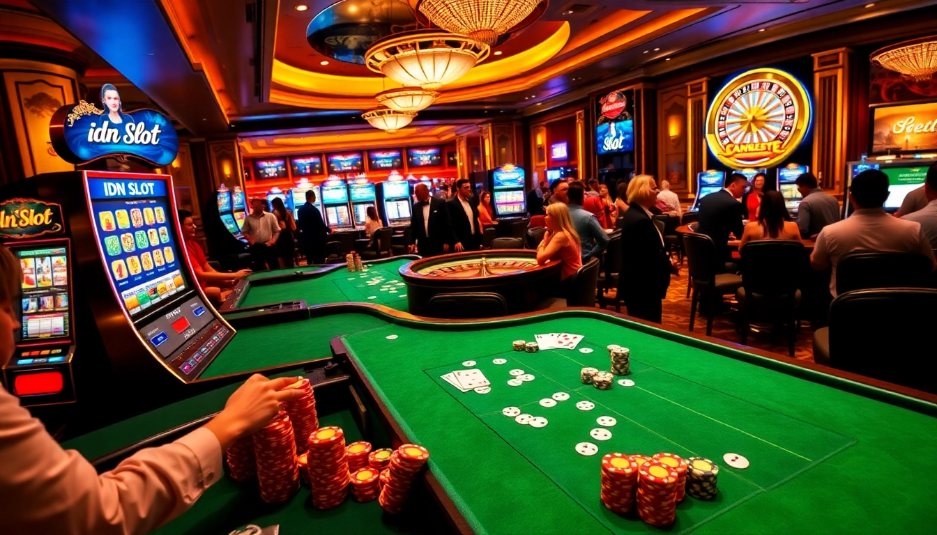Exciting gameplay at an idn slot casino with vibrant slot machines and high-stakes tables.