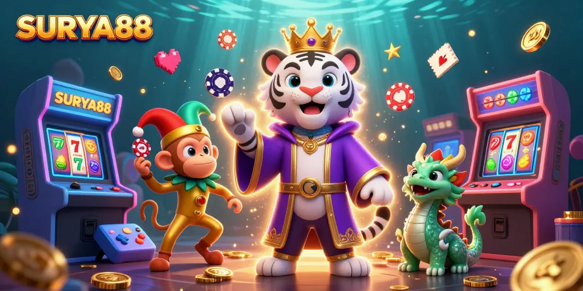SURYA88 showcases an action-packed casino scene with a royal tiger, jester monkey, and gaming elements.