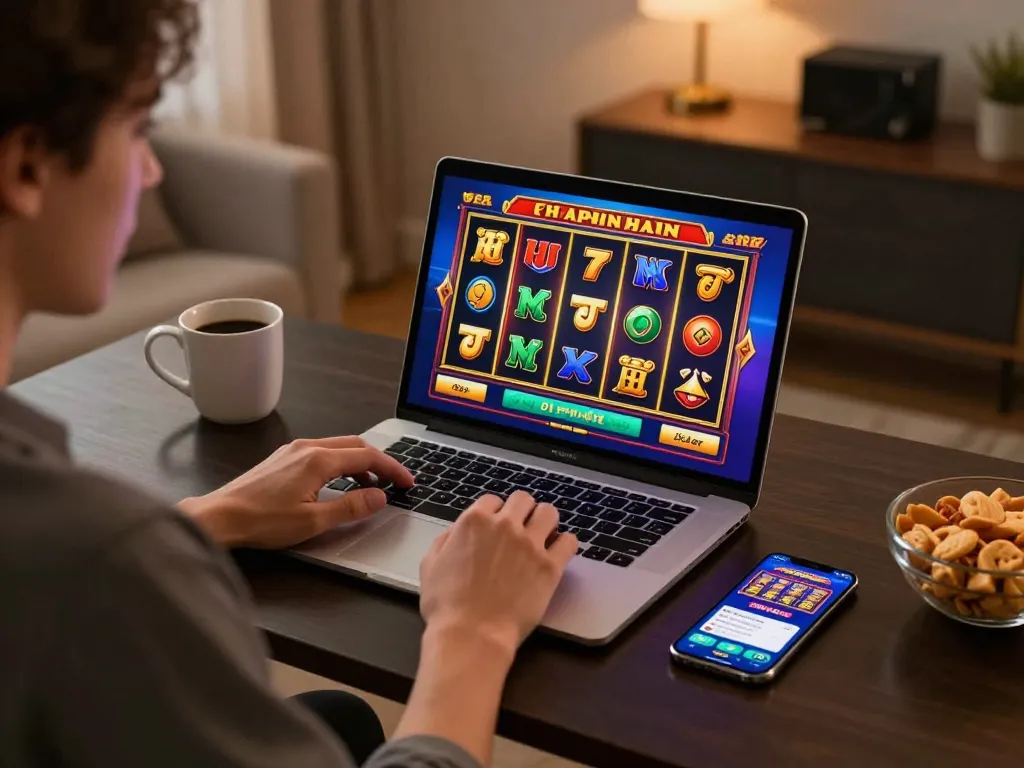 Berenang di aman788 slot online, seorang pemain menikmati pengaturan permainan rumah yang nyaman dengan laptop dan smartphone.