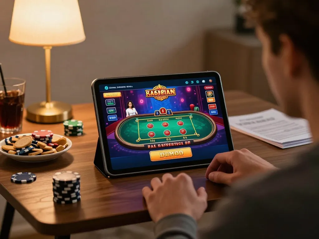 Engaging in an exciting online casino game to link vào with friends in a cozy home setting.