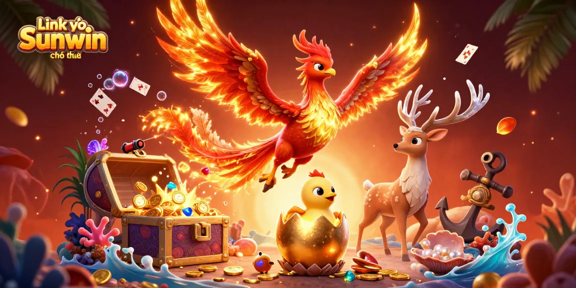 Experience the excitement with Link vào Sunwin chính thức featuring a fire phoenix and baby phoenix chick in a vibrant casino scene.