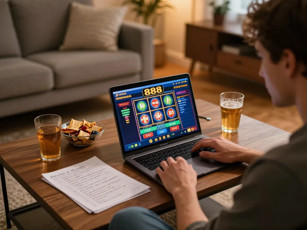 Player engaging in online gambling on open888 platform with warm ambient lighting and snacks nearby.